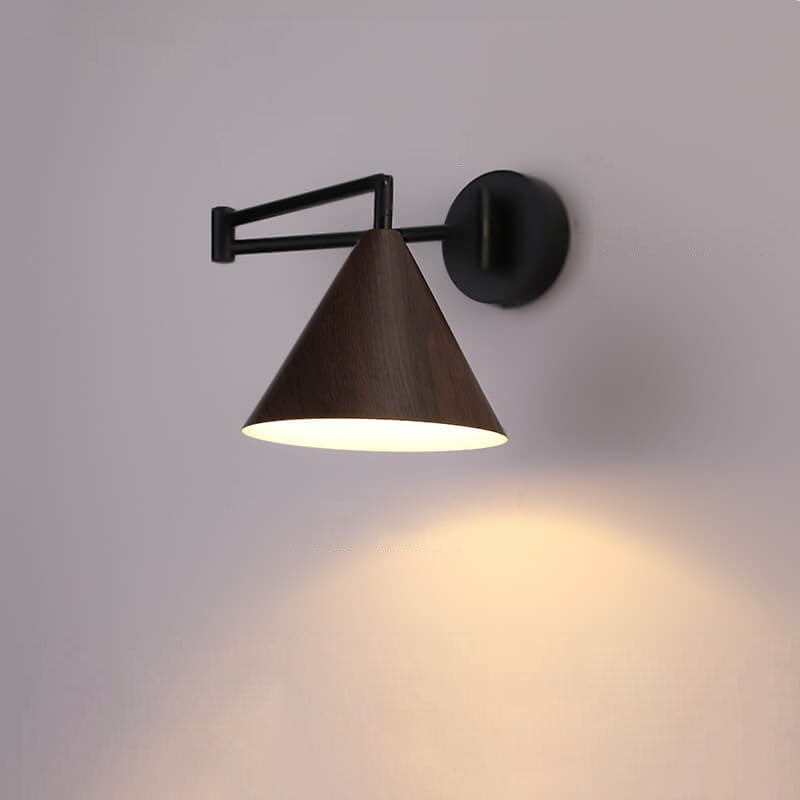 Modern Wood Grain Iron Cone Swing Arm Wall Sconce for Bedroom Decor