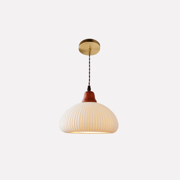 Japanese Ceramic Pleated Dome Pendant Light in Wood & Iron for Home