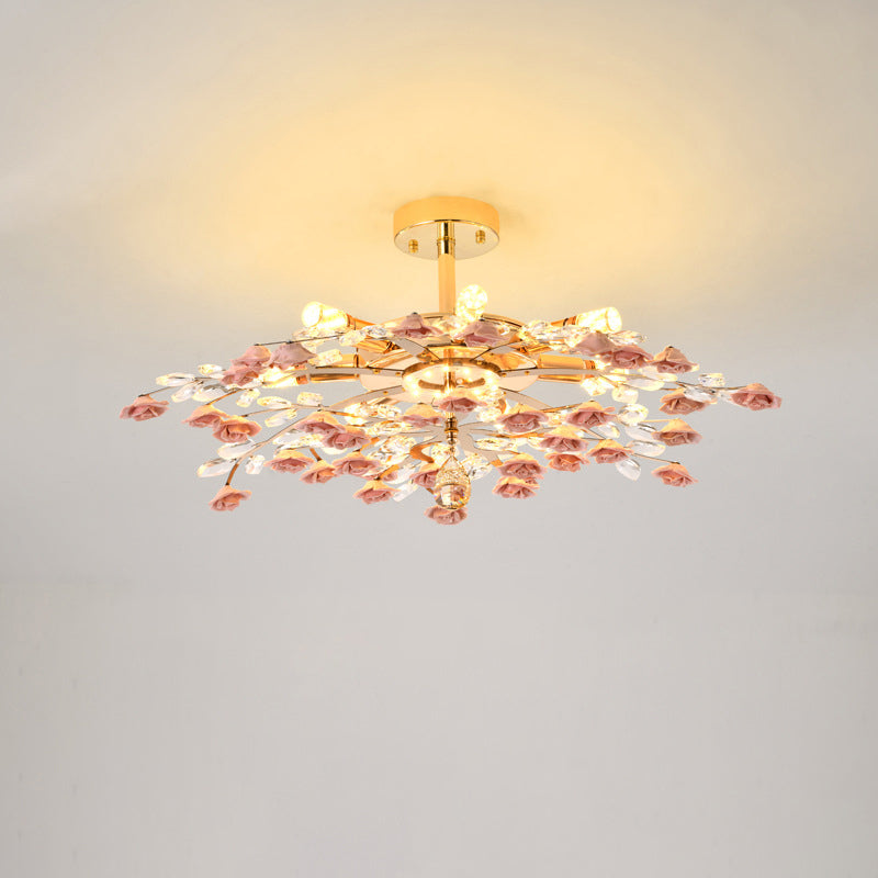 Elegant Rose Gold Iron Ceramic Crystal Chandelier for Dining Room