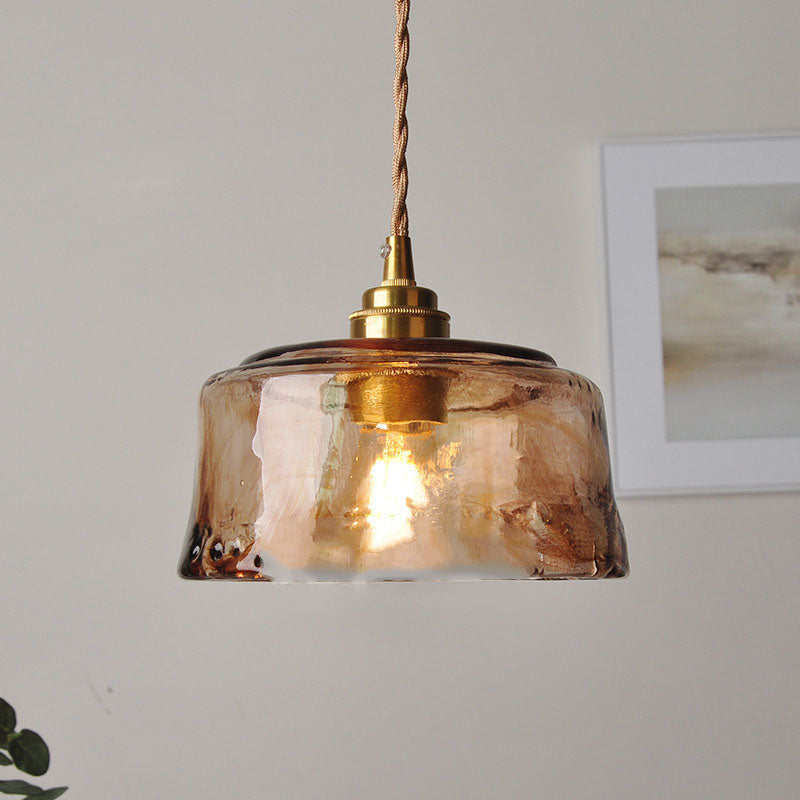 Vintage Amber Glass Drum Pendant Light with Brass for Living Room