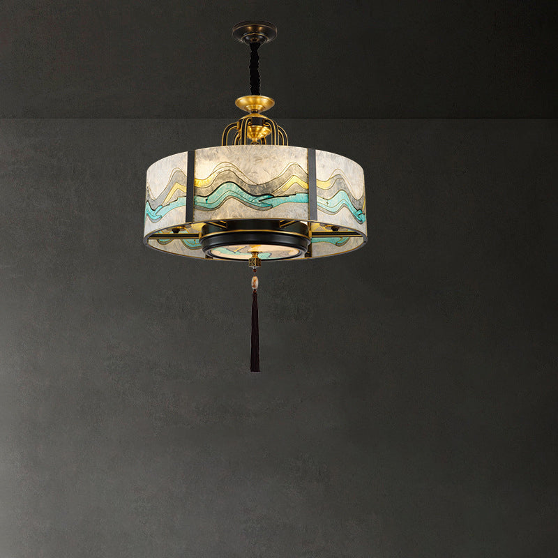 Traditional Brass Frame Enamel Glass Cylinder Chandelier for Living Room