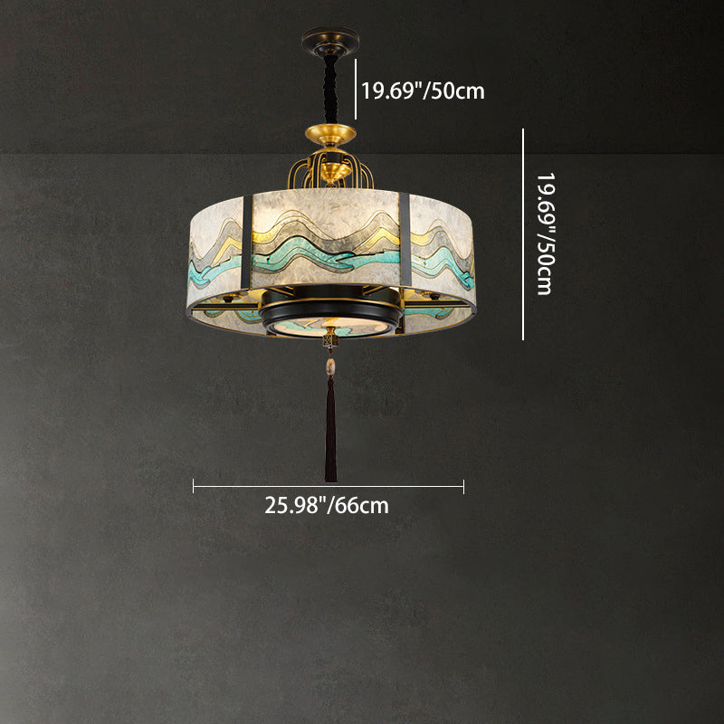 Traditional Brass Frame Enamel Glass Cylinder Chandelier for Living Room