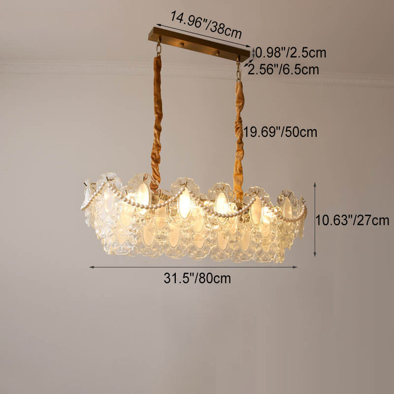 Elegant French Rectangular Pearl Iron Glass 8-Light Chandelier for Living Room