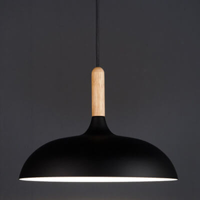 Sleek Black Metal and Wood Dome Pendant Light for Kitchen or Dining Room