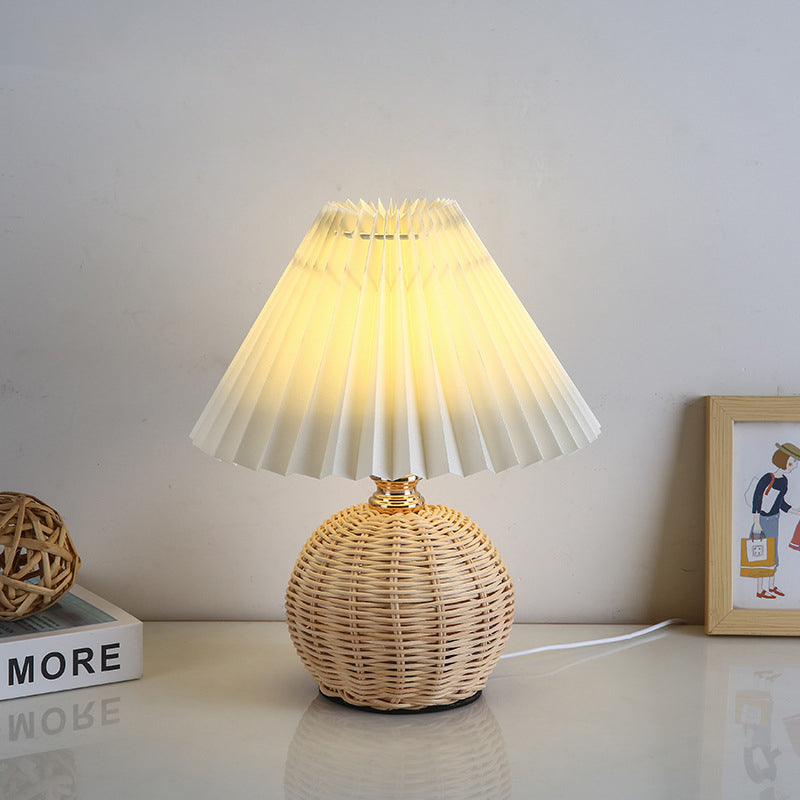 Scandinavian Rattan Pleated Conic LED Table Lamp for Modern Bedrooms