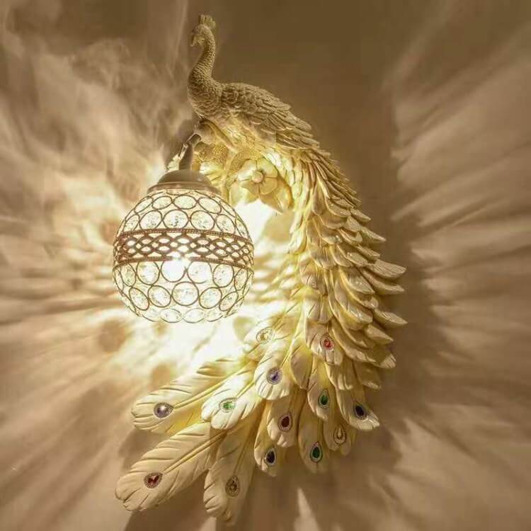 Vintage Ornate Peackcock Wall Sconce Lamp with Crystal Ball Shade for Living Room