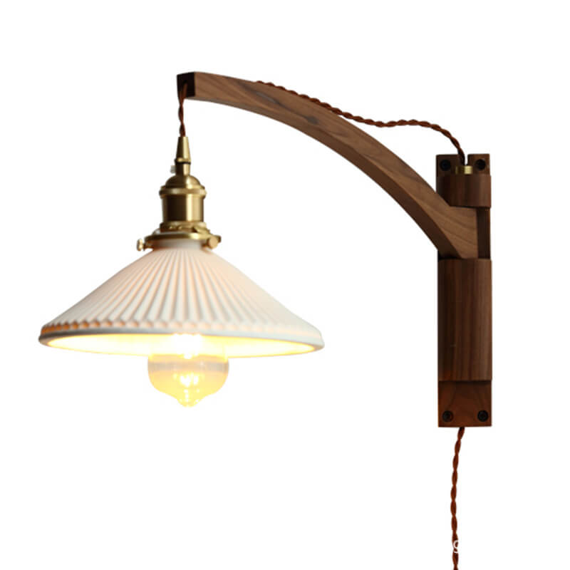 Elegant White Striped Glass 1-Light Walnut Wall Sconce for Modern Rooms