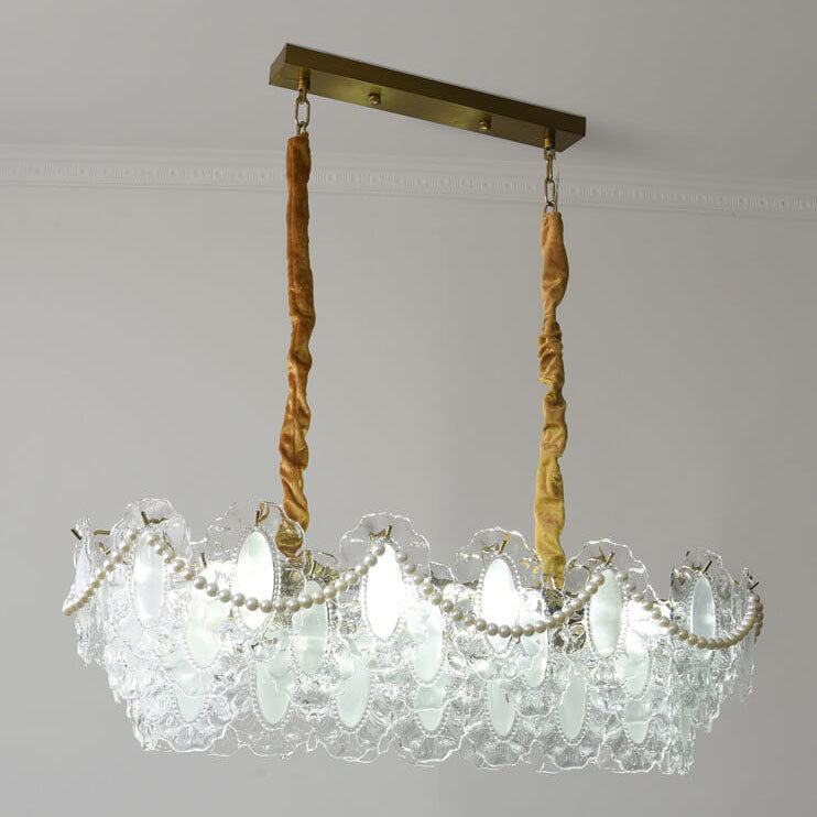 Elegant French Rectangular Pearl Iron Glass 8-Light Chandelier for Living Room