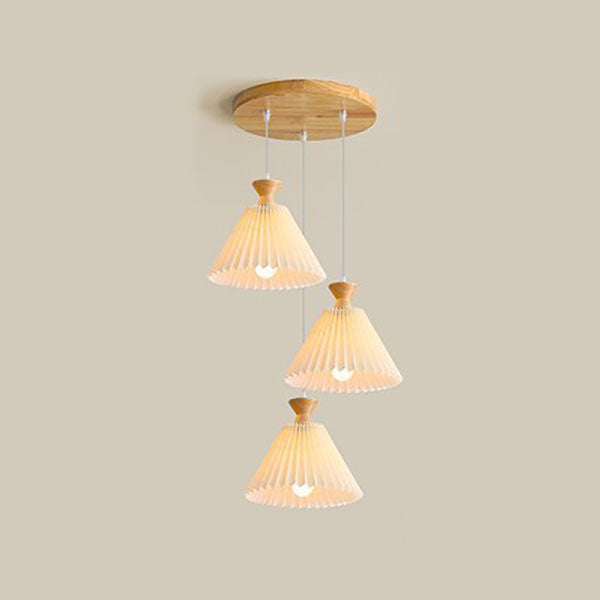 Traditional Japanese Pleated Cone Rubberwood Chandelier for Living Room