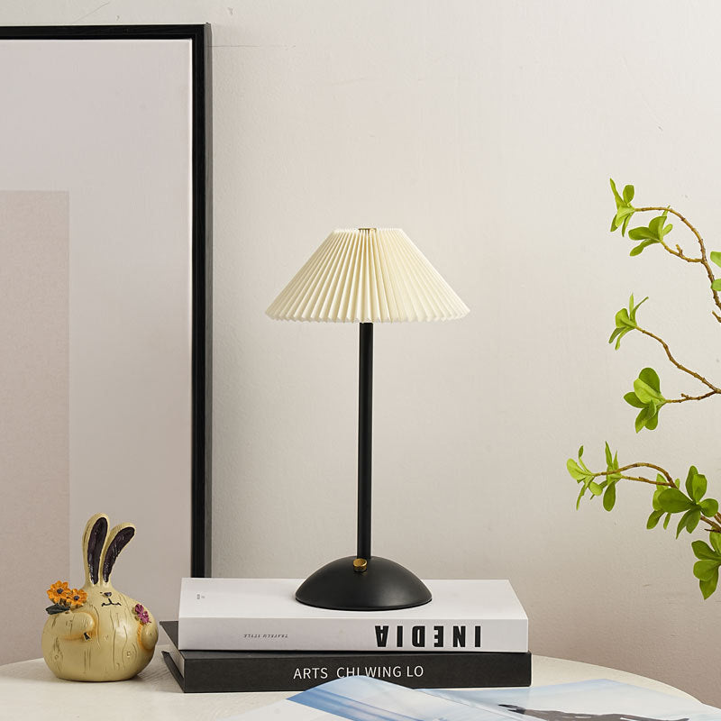 Modern Scandinavian Rechargeable Conic Pleated Fabric Table Lamp for Bedroom