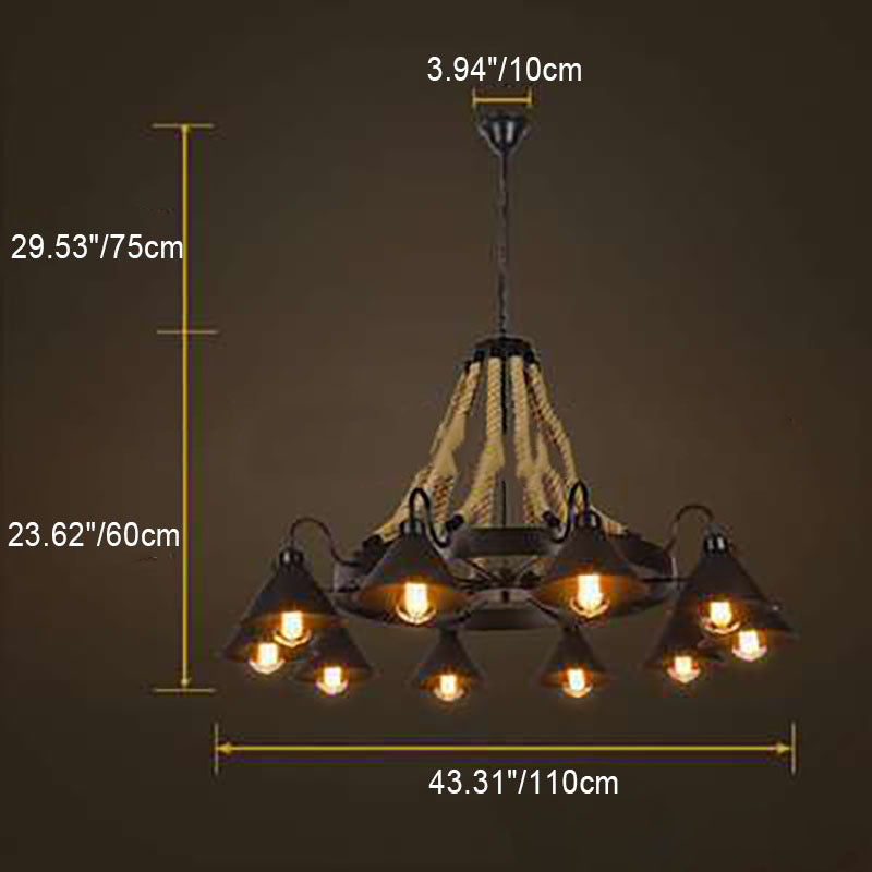 Rustic Industrial Metal Cone Shade Chandelier with Rope 6/8/10 Lights
