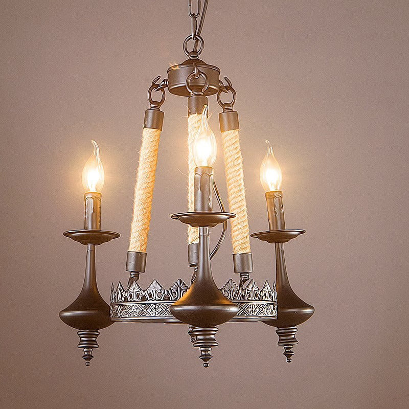 Rustic Iron and Hemp Rope Round Candelabra Chandelier for Living Room