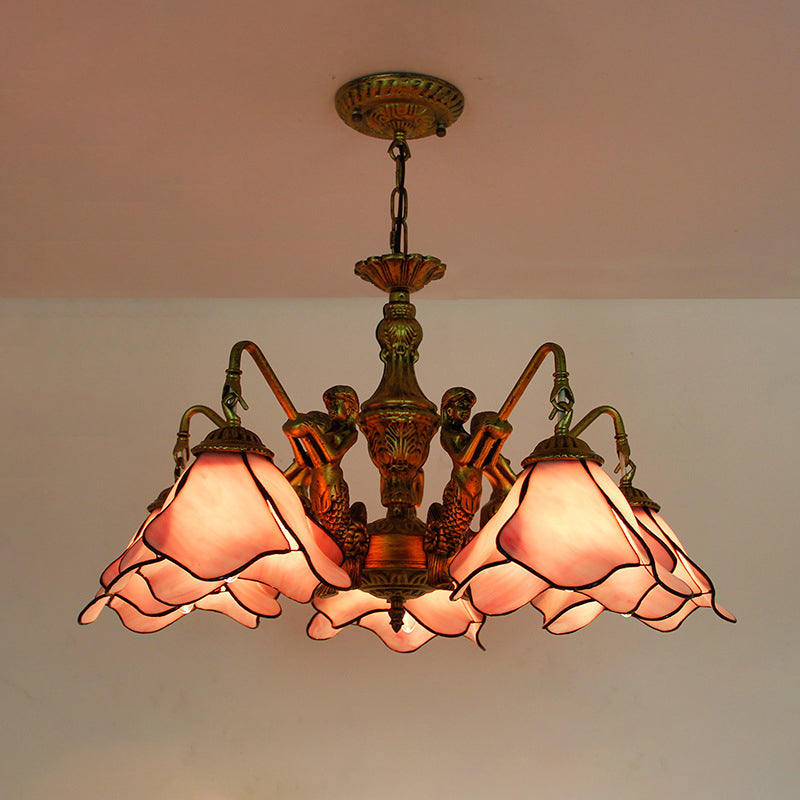 Vintage Tiffany-Style Floral Iron and Glass Chandelier for Living Room
