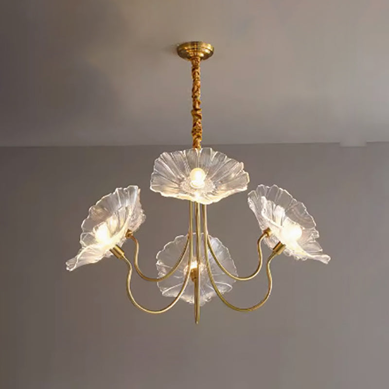 Art Deco Gold-Finish Lotus Leaf Glass Shade Chandelier for Living Room