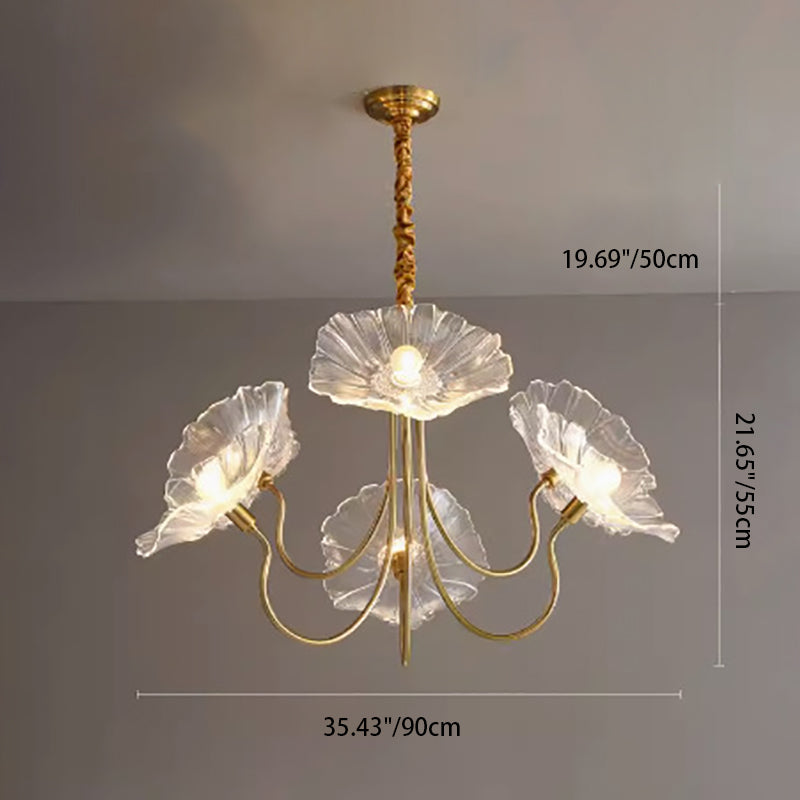 Art Deco Gold-Finish Lotus Leaf Glass Shade Chandelier for Living Room