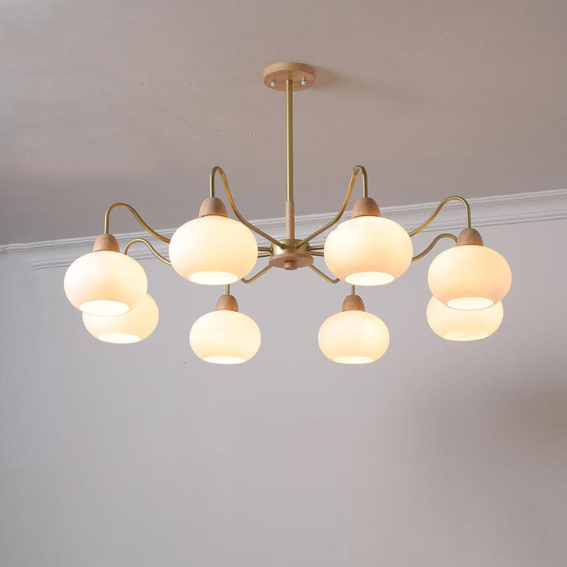 Scandinavian Rubberwood & Glass Round Chandelier for Modern Living Room
