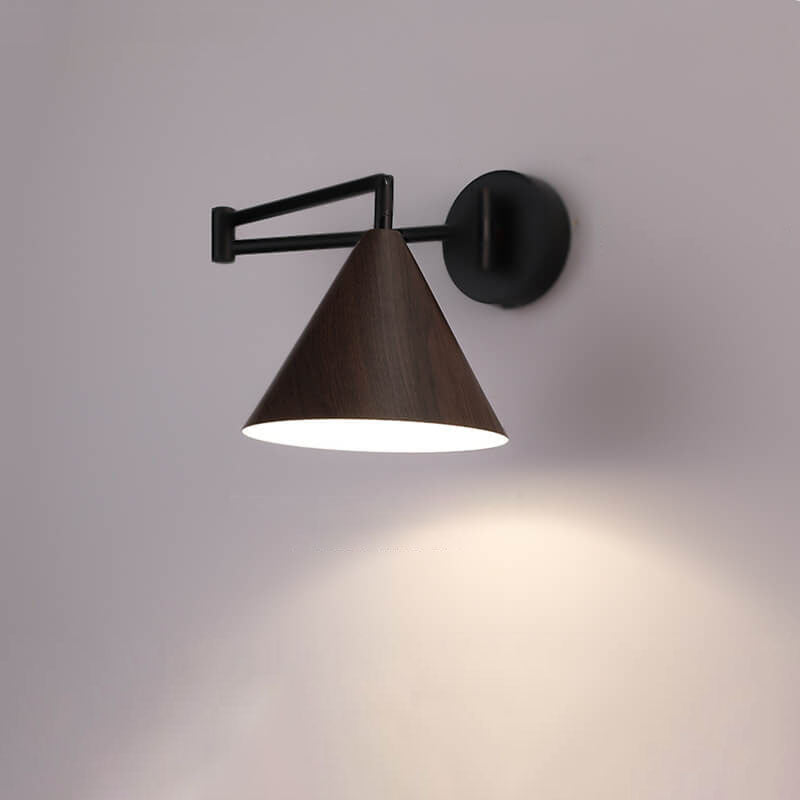 Modern Wood Grain Iron Cone Swing Arm Wall Sconce for Bedroom Decor