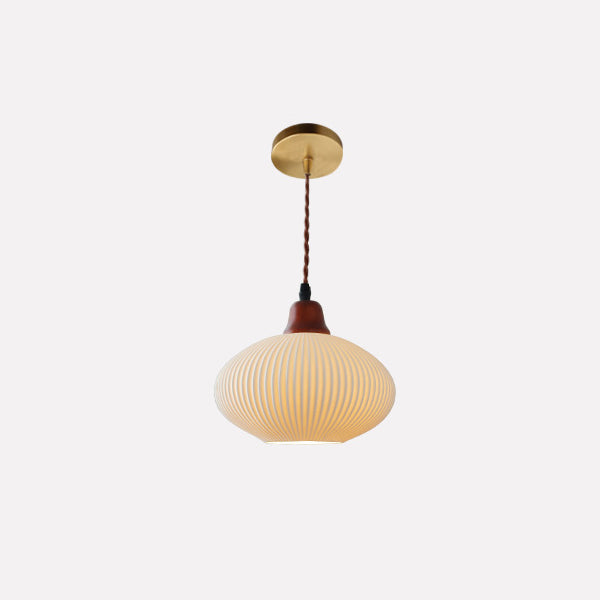 Japanese Ceramic Pleated Dome Pendant Light in Wood & Iron for Home