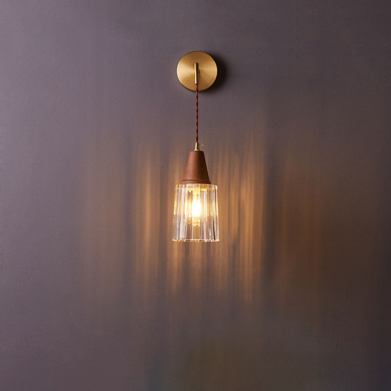Rustic Japanese Walnut Glass Copper Cylinder Wall Sconce for Entryway