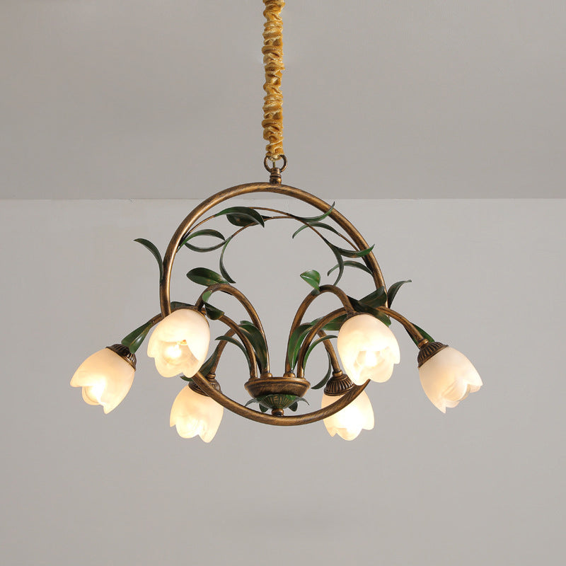 Modern Art Deco 6/8-Light Iron Lacquered Chandelier with Tulip Glass Shade
