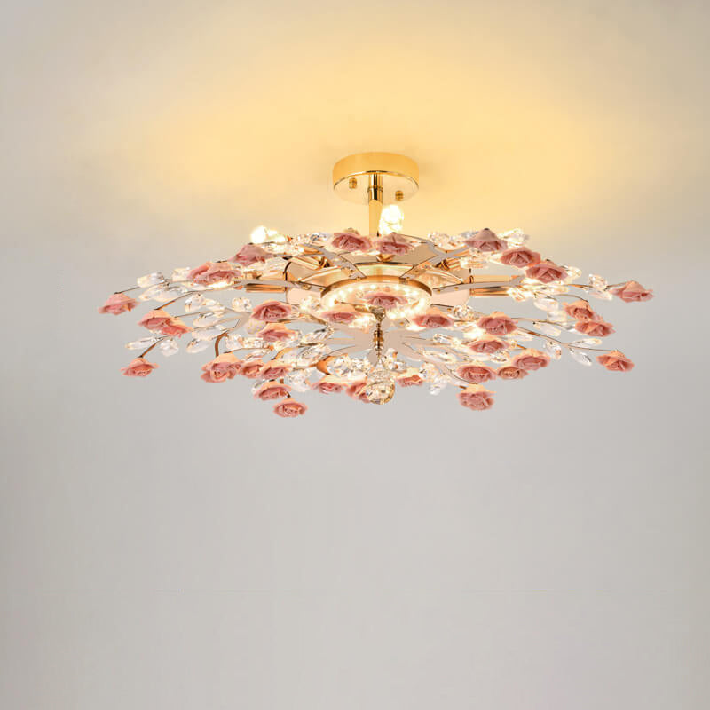 Elegant Rose Gold Iron Ceramic Crystal Chandelier for Dining Room