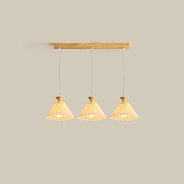 Traditional Japanese Pleated Cone Rubberwood Chandelier for Living Room