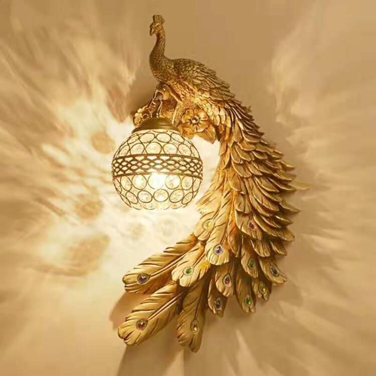 Vintage Ornate Peackcock Wall Sconce Lamp with Crystal Ball Shade for Living Room