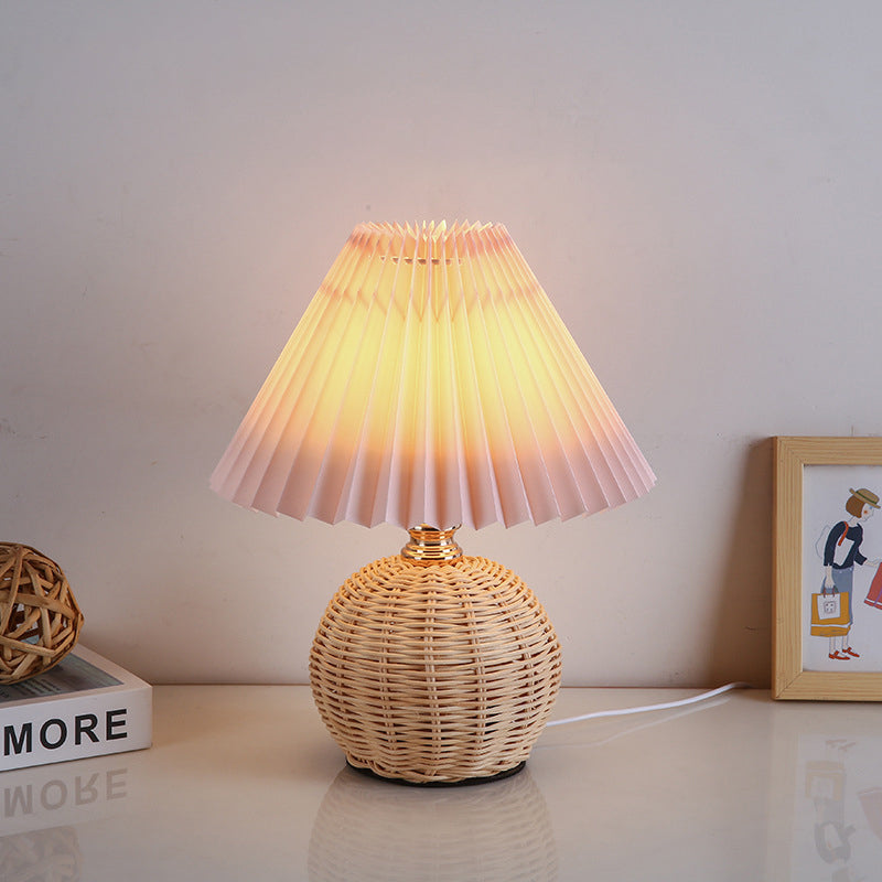 Scandinavian Rattan Pleated Conic LED Table Lamp for Modern Bedrooms