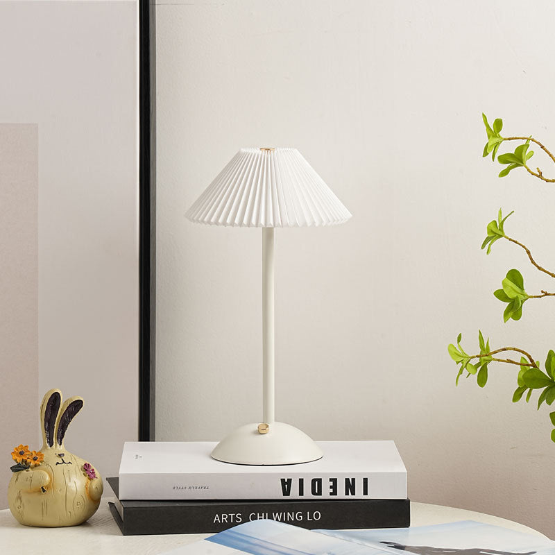 Modern Scandinavian Rechargeable Conic Pleated Fabric Table Lamp for Bedroom