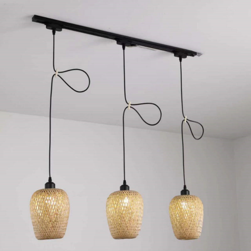 Modern Bamboo Woven Cylinder Chandelier Pendant Light for Living Room