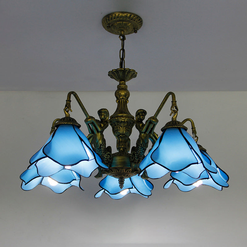 Vintage Tiffany-Style Floral Iron and Glass Chandelier for Living Room