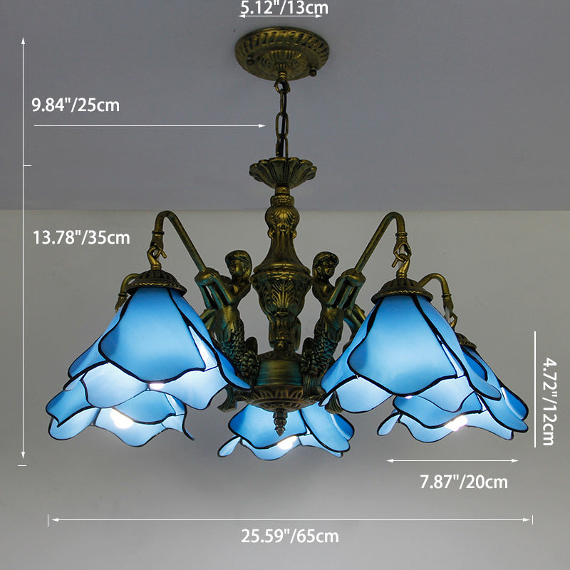 Vintage Tiffany-Style Floral Iron and Glass Chandelier for Living Room