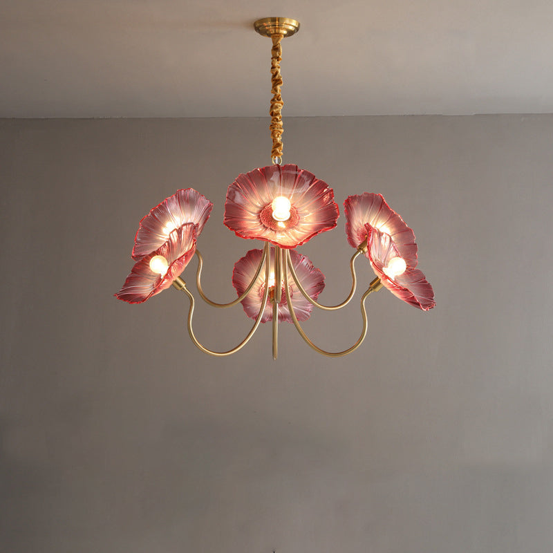 Vintage Gold Finished 6-Light Flower Glass Shade Chandelier for Bedroom