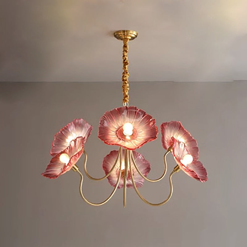 Art Deco Gold-Finish Lotus Leaf Glass Shade Chandelier for Living Room