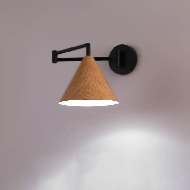 Modern Wood Grain Iron Cone Swing Arm Wall Sconce for Bedroom Decor