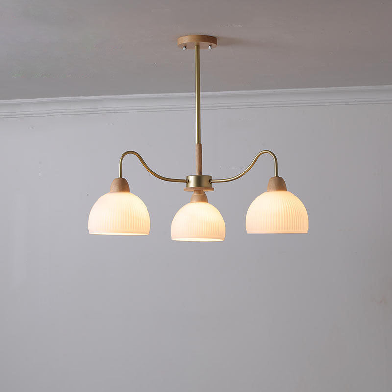 Scandinavian Rubberwood & Glass Round Chandelier for Modern Living Room