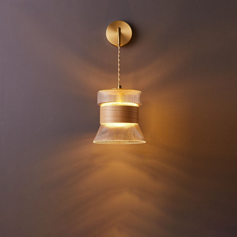 Rustic Japanese Walnut Glass Copper Cylinder Wall Sconce for Entryway