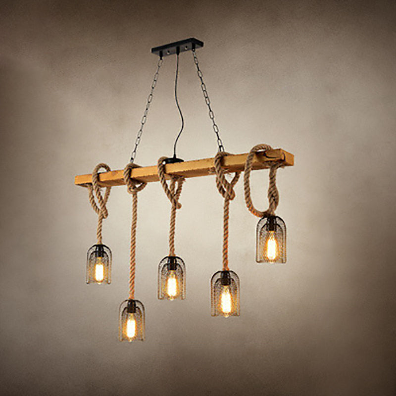 Rustic Wood Beam Iron Cage 5-Light Chandelier for Dining Room Decor