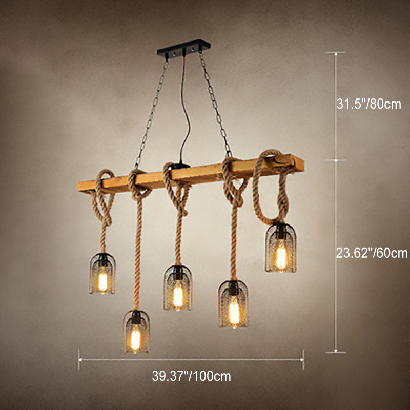 Rustic Wood Beam Iron Cage 5-Light Chandelier for Dining Room Decor