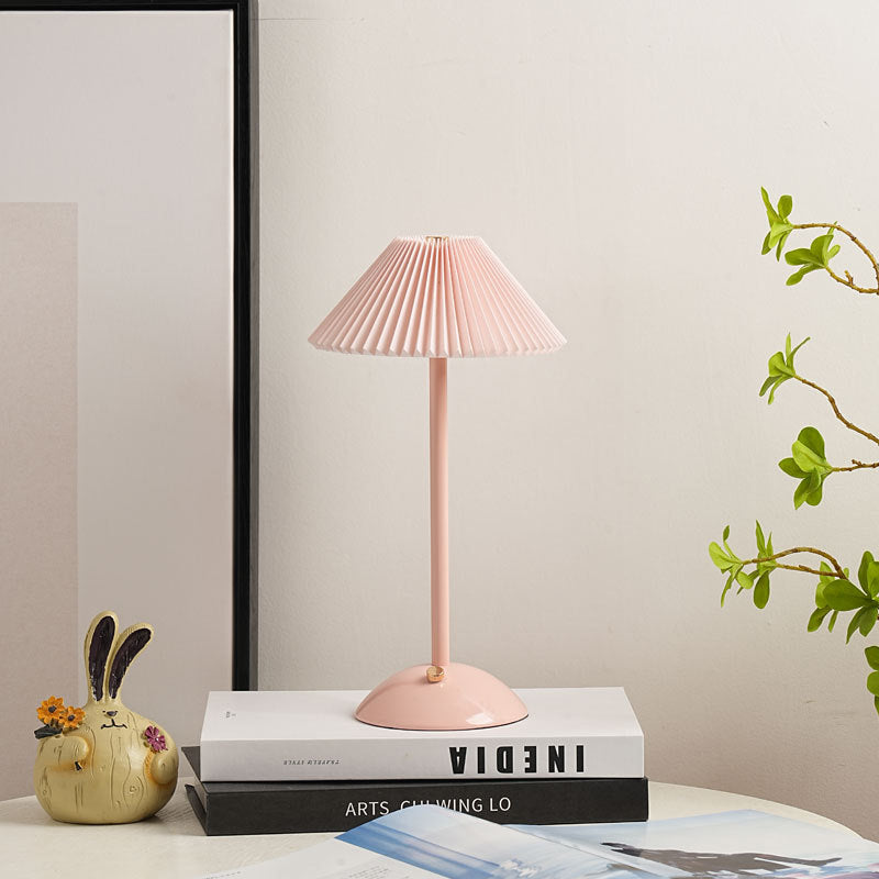 Modern Scandinavian Rechargeable Conic Pleated Fabric Table Lamp for Bedroom
