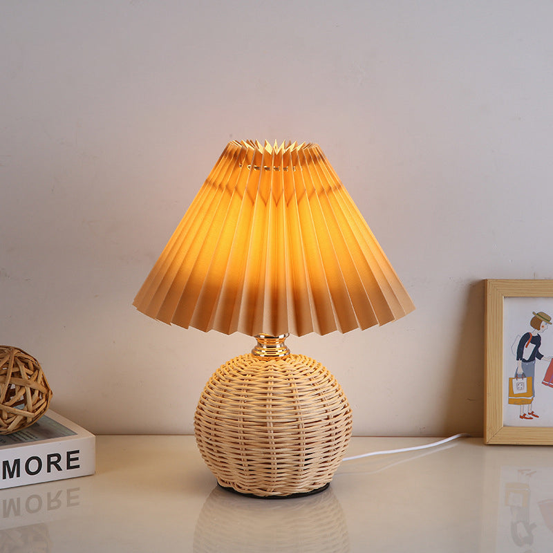 Scandinavian Rattan Pleated Conic LED Table Lamp for Modern Bedrooms