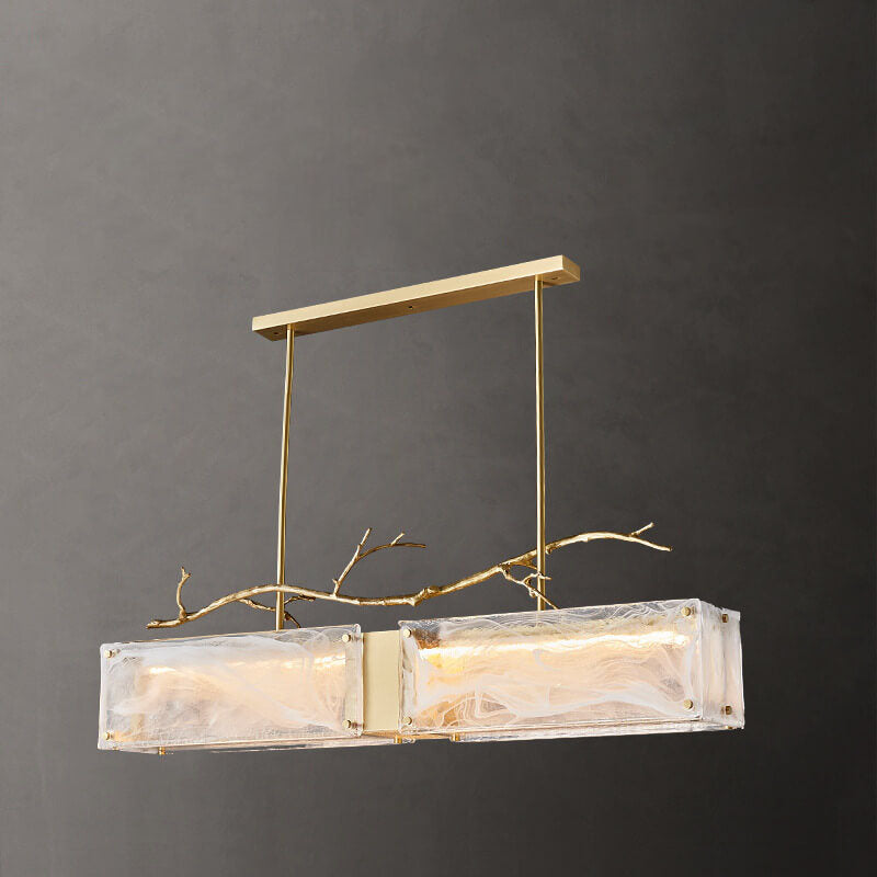 Nordic Light Luxury Rectangular All Brass Glass LED Island Light Chandelier