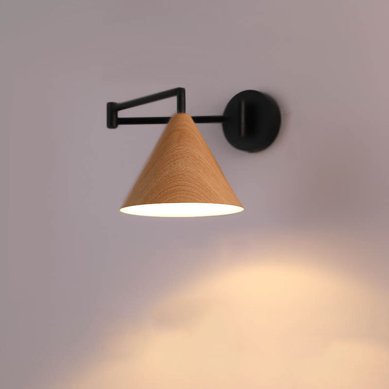 Modern Wood Grain Iron Cone Swing Arm Wall Sconce for Bedroom Decor