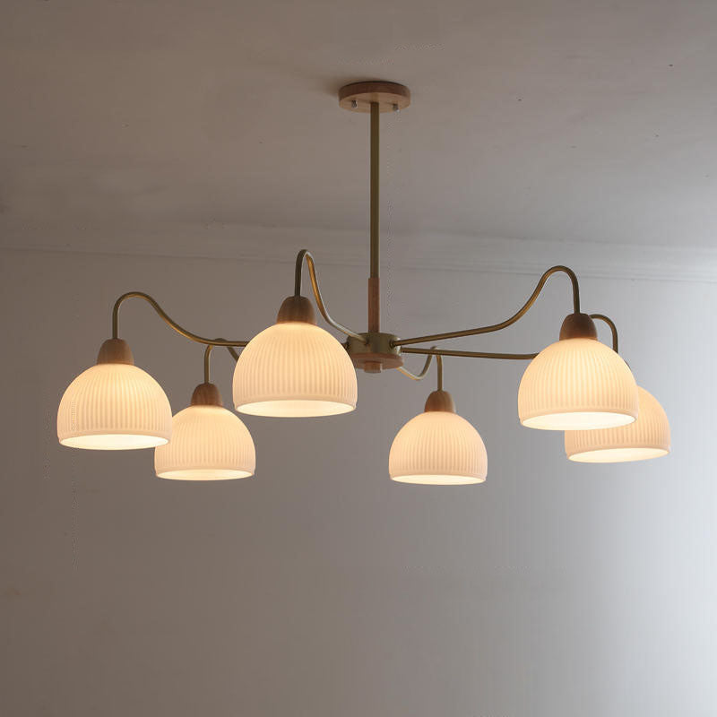 Scandinavian Rubberwood & Glass Round Chandelier for Modern Living Room