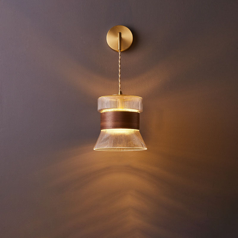 Rustic Japanese Walnut Glass Copper Cylinder Wall Sconce for Entryway