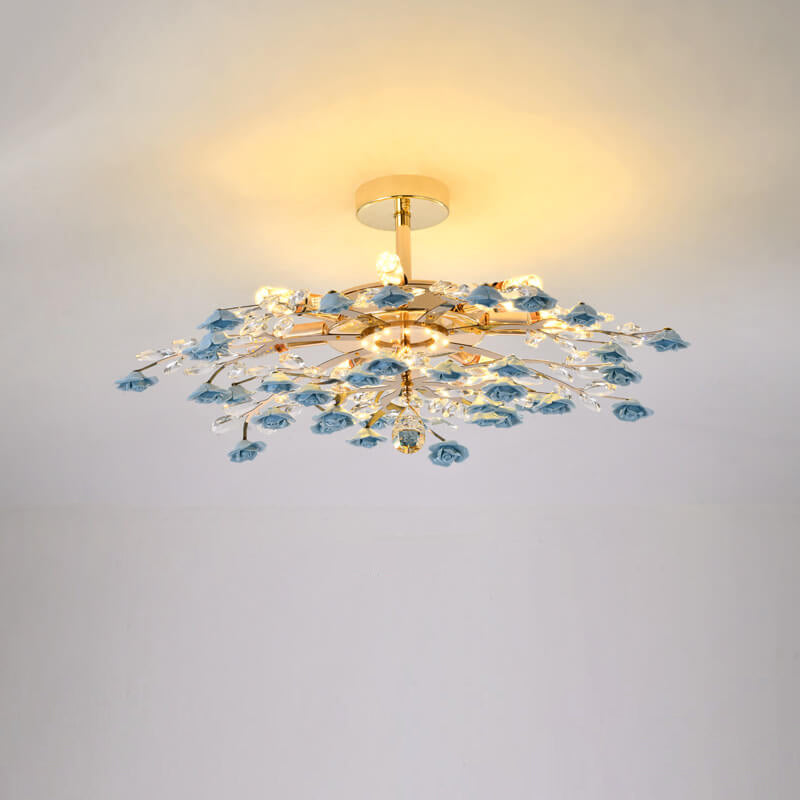 Elegant Rose Gold Iron Ceramic Crystal Chandelier for Dining Room