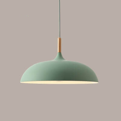 Sleek Black Metal and Wood Dome Pendant Light for Kitchen or Dining Room