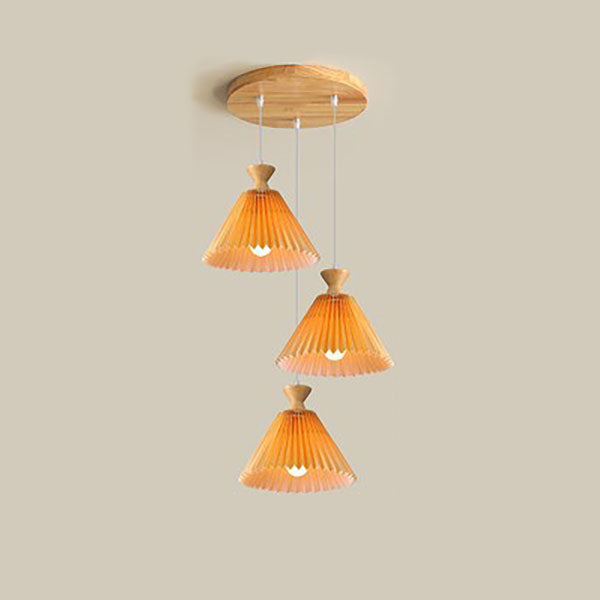 Traditional Japanese Pleated Cone Rubberwood Chandelier for Living Room
