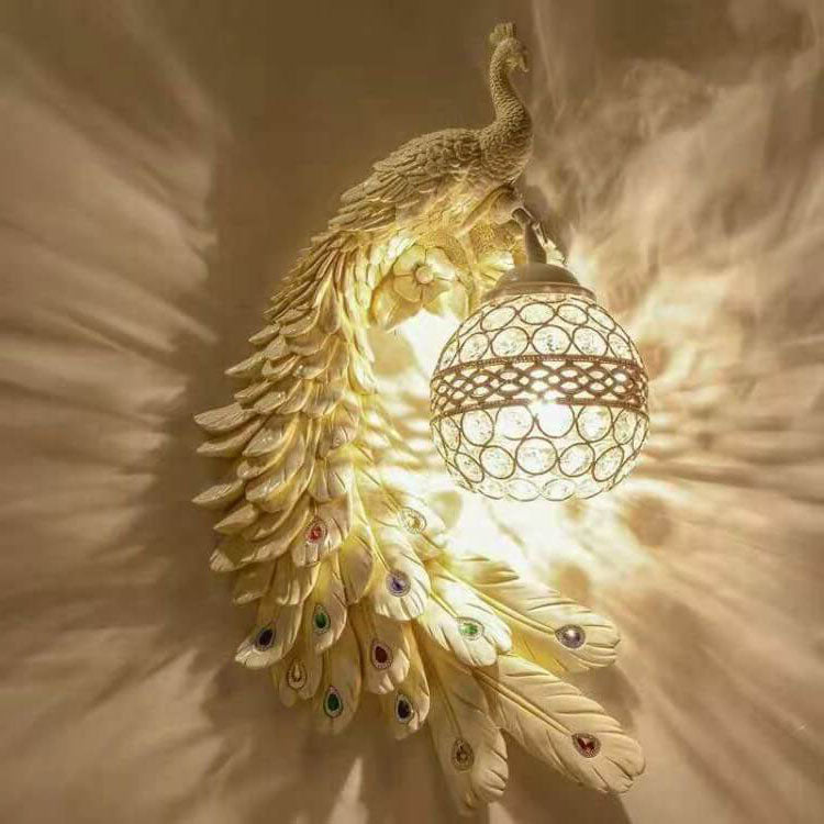 Vintage Ornate Peackcock Wall Sconce Lamp with Crystal Ball Shade for Living Room