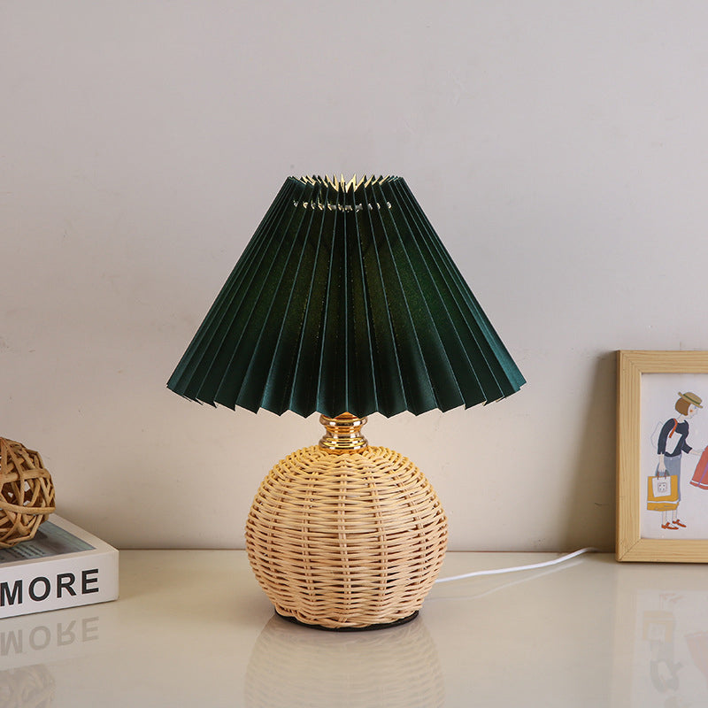 Scandinavian Rattan Pleated Conic LED Table Lamp for Modern Bedrooms